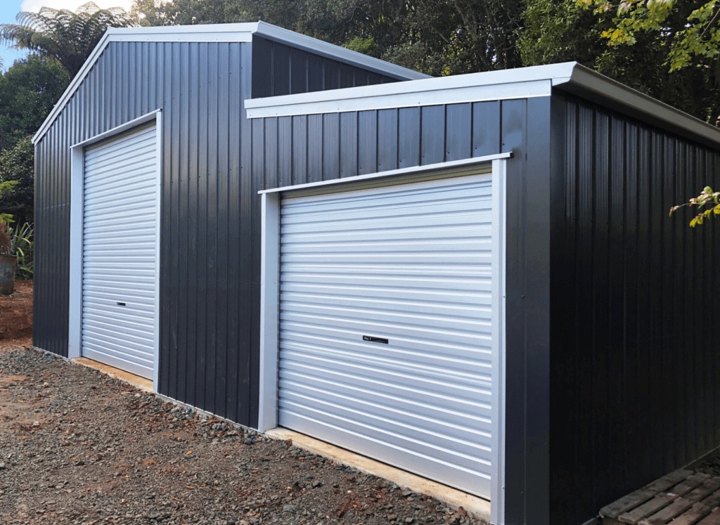 Two bay black garage shed by Kiwispan