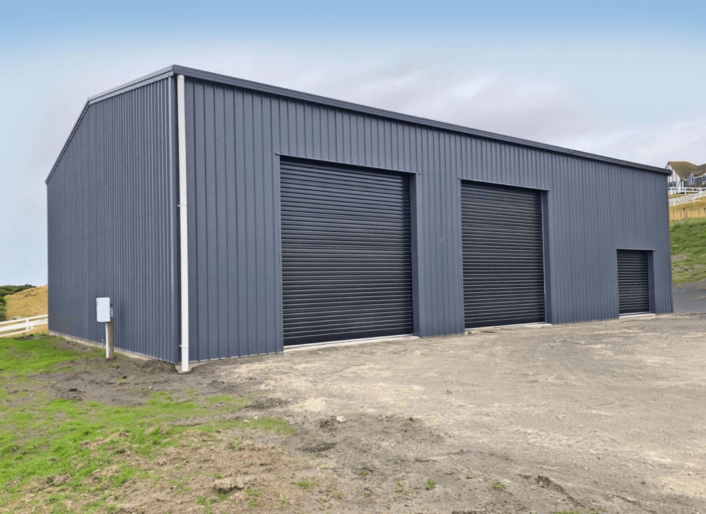 large steel storage shed for farm equipment and machinery