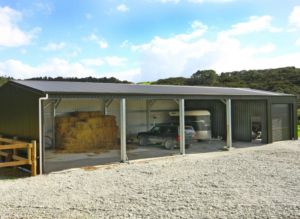 green storage shed for farm equipment by kiwispan
