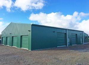 green storage steel shed built and designed by kiwispan