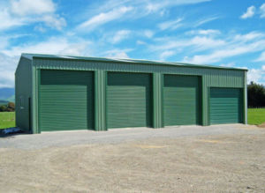 large green steel farm shed for storage