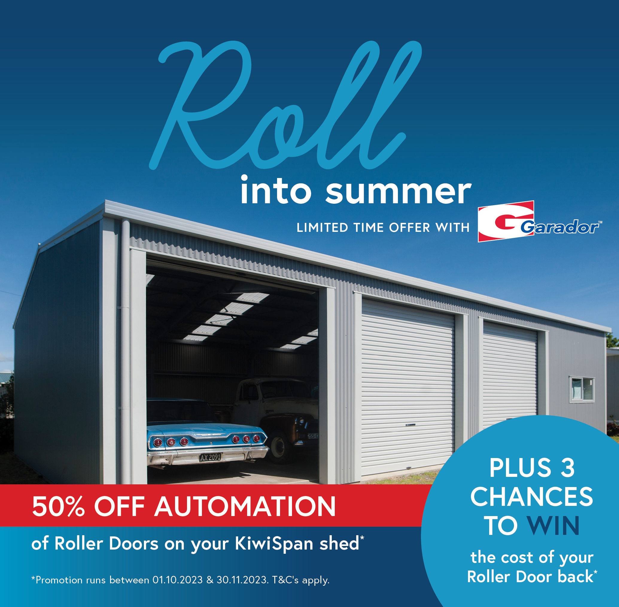 roll into summer with 50% off automation on your kiwispan shed doors