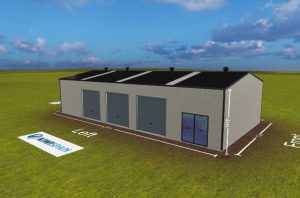 3D builder mock-ups for commercial buildings - KiwiSpan black roof, garage doors