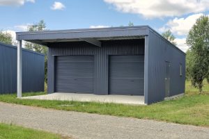 Monopitch roof storage shed with lean-to with Corrugate New Denim Blue cladding built by KiwiSpan